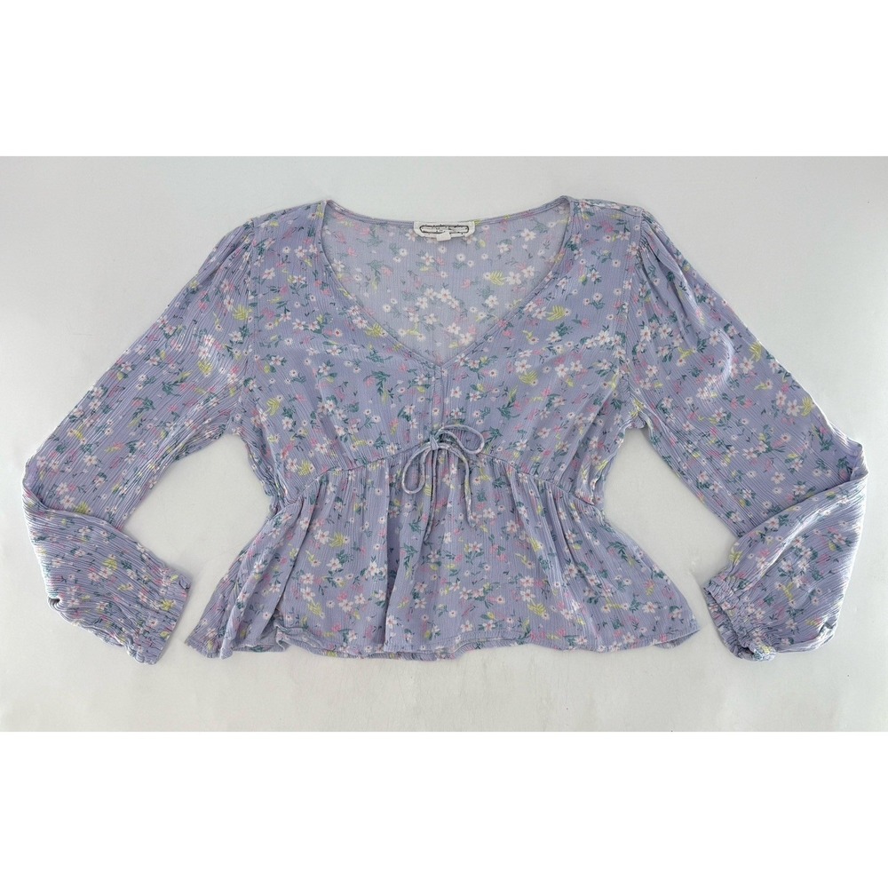 Hippie Rose Faux Tie Waist Babydoll Periwinkle Floral Top Sz L Fairy Cottage - Picture 3 of 9